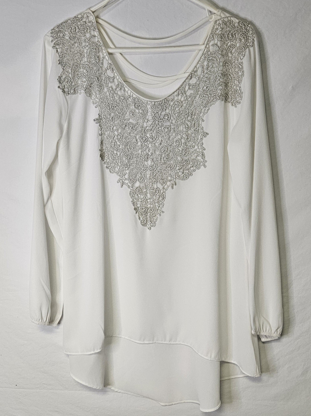 MMS Design Studio Metallic Silver Lace Blouse Party Shiny Shimmer. Size Large